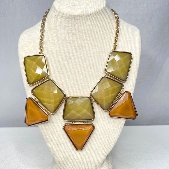 Mika Jumbo Bib Necklace Olive Green And Burnt Orange Faceted Geometric Stones - Picture 1 of 9